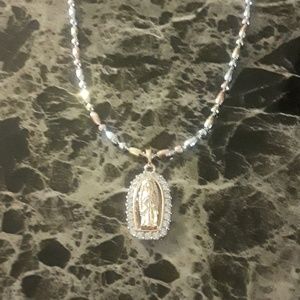 Blessed Mother Mary silver and golr necklace and p